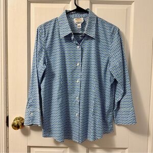 Talbots Women’s Cotton Green & Blue Chain Print Button Down Blouse, Size 10